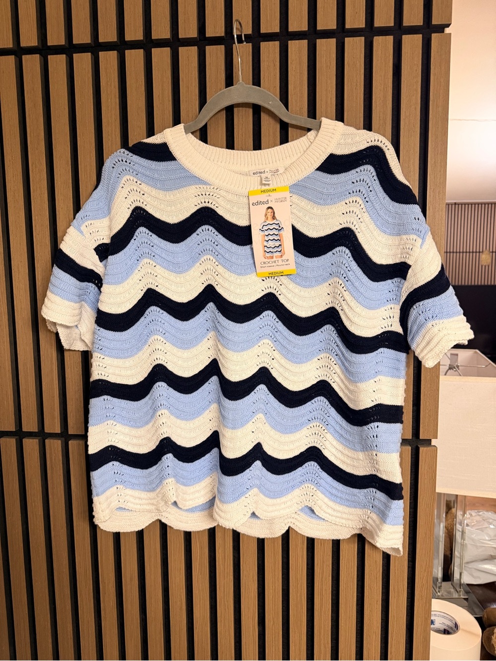 All Worthy by Hunter McGrady Wave-Stripe Knit Top in Cream, Light Blue & Navy